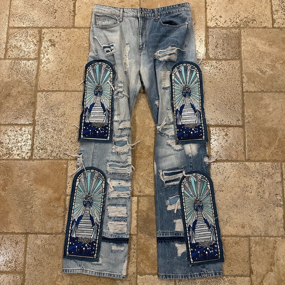 Who Decides War WDW Final Destination Patch Crystal / Rhinestone Distress Denim